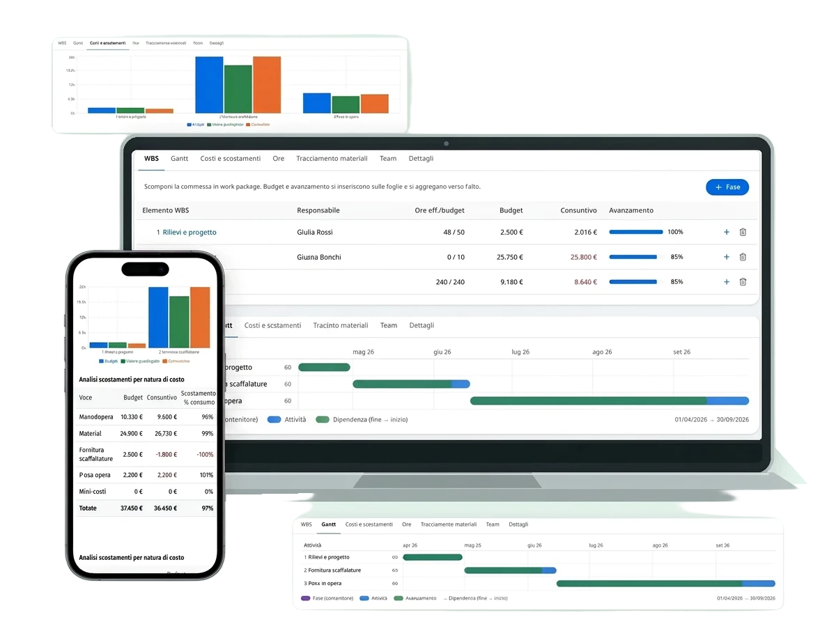 Un projet dans Commesse.Cloud sur ordinateur et smartphone : WBS, Gantt et écarts, données de démonstration
